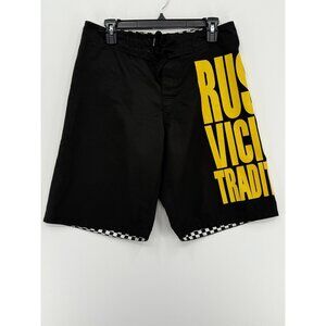Rusty Board Shorts Mens 30 11" Black Swim Trunks Check Spellout Y2K